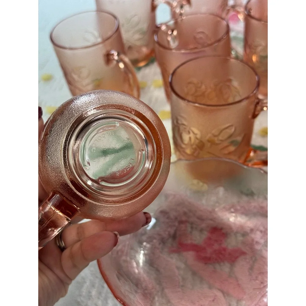 Arcoroc France Rosaline Pink Glass Set  12 Mugs 11 Bowls Rose Floral‎ Vintage